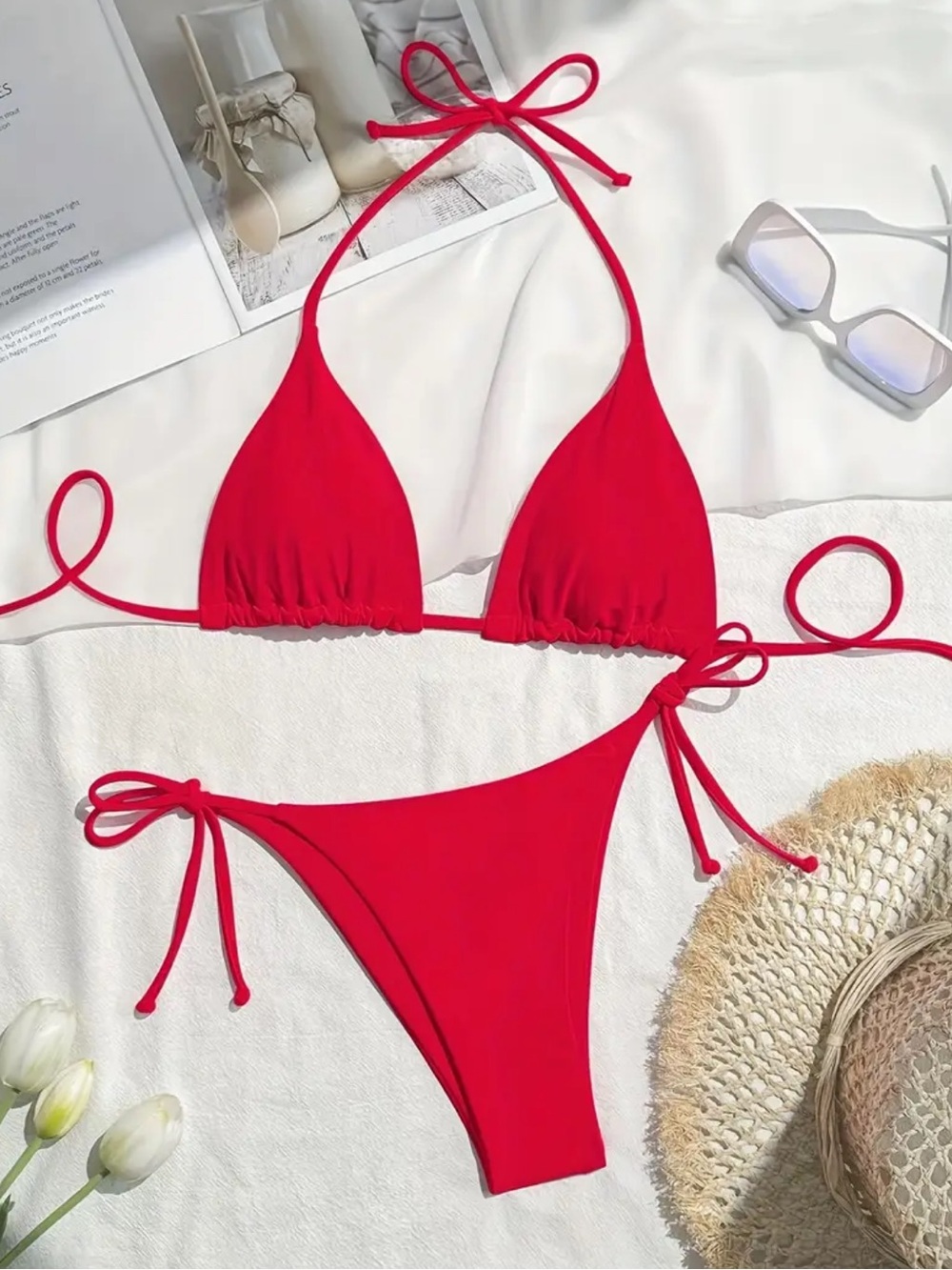 Red, Soft, Halter, Bikini Set